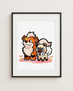 Growlithe & Rockruff — Good Boys watercolour art print framed in a black frame with white mat