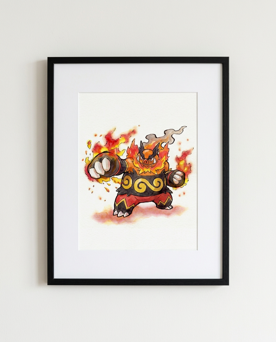 Emboar Heat Crash watercolour Pokémon art print in a black frame with white mat