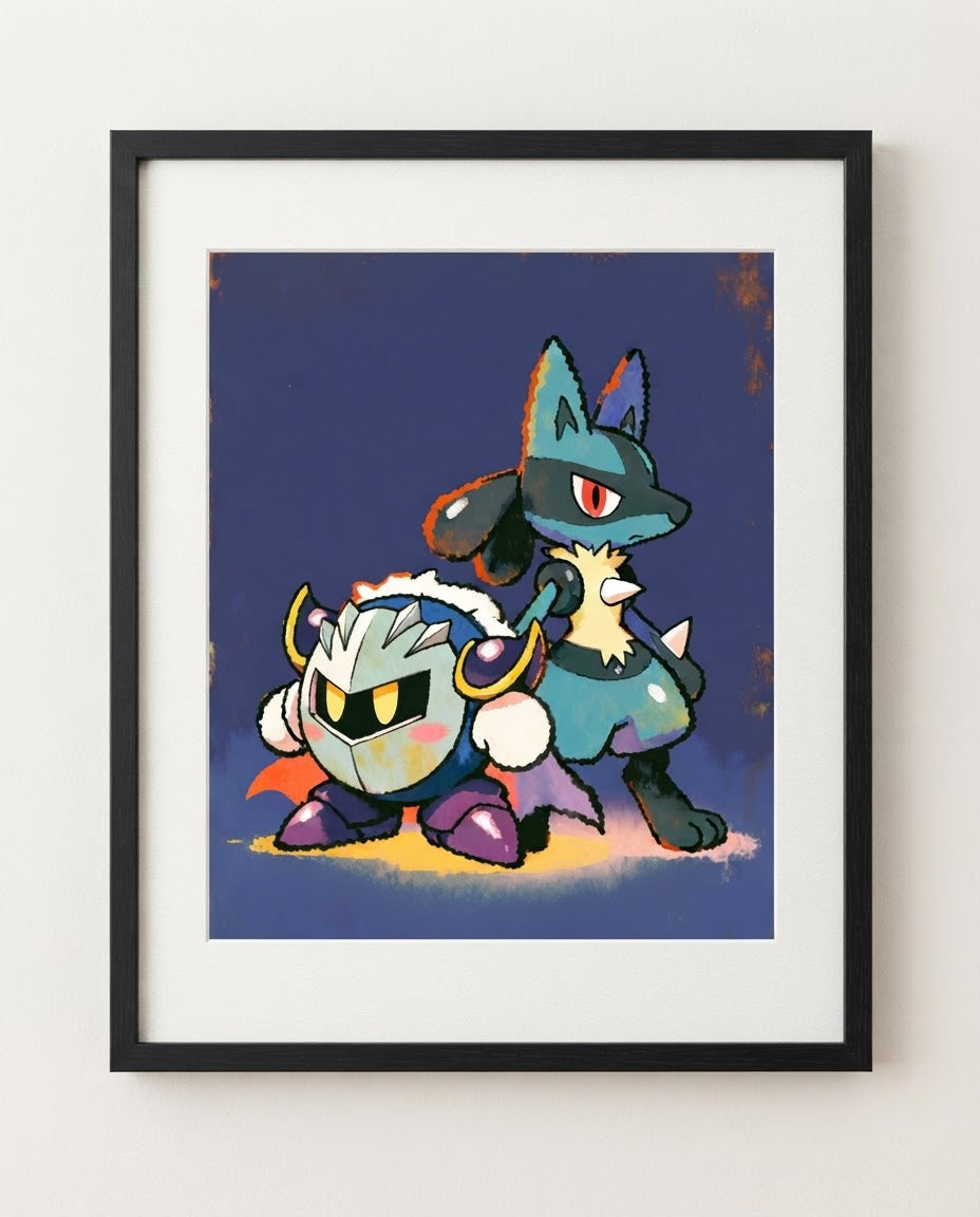 Meta Knight & Lucario kawaii art print framed on a wall — Kirby Pokémon crossover by Dammit.png