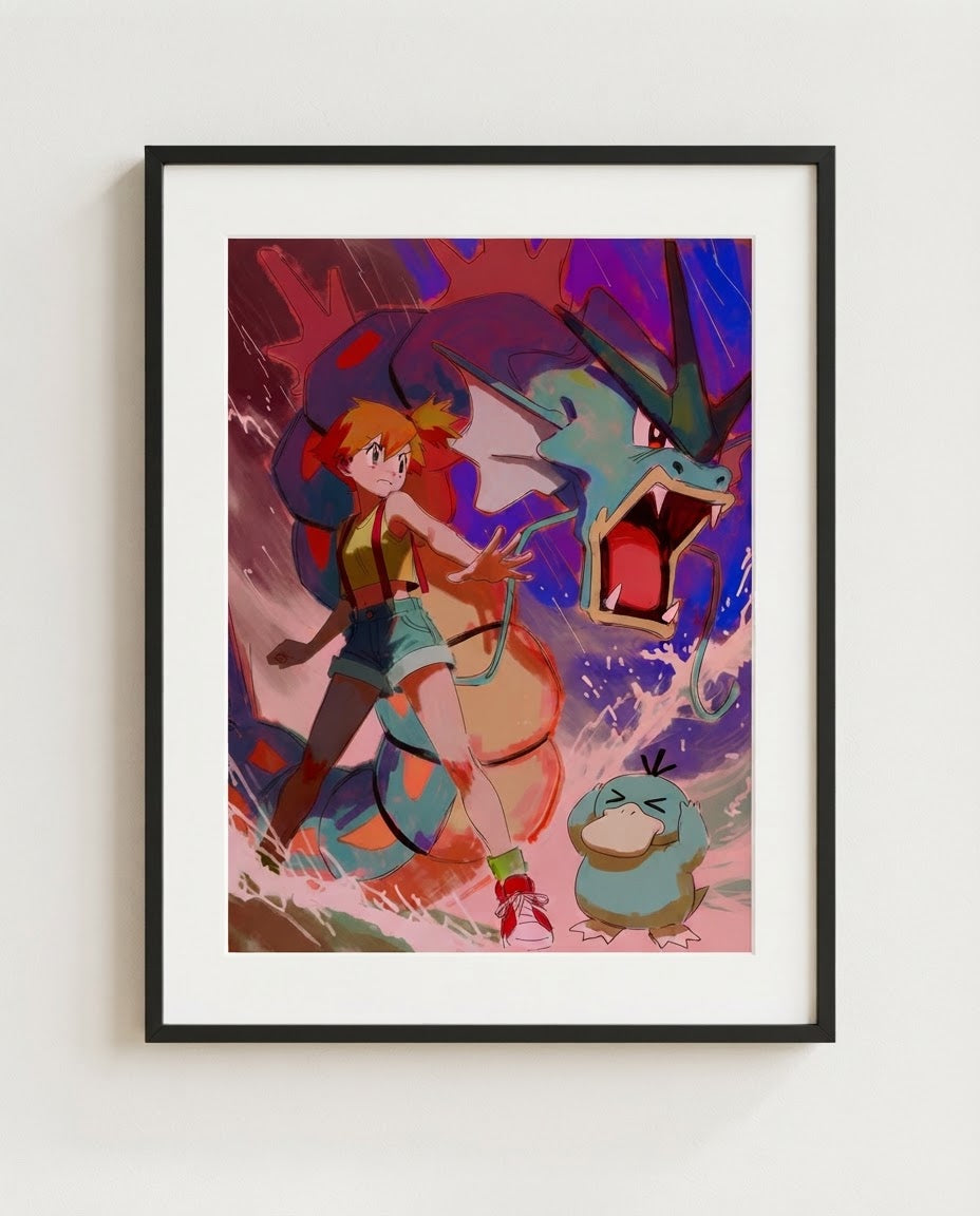 Misty & Gyarados art print framed on a wall