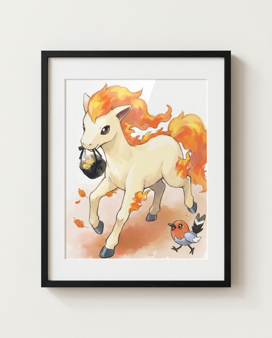Ponyta Candy Delivery autumn watercolour Pokémon art print in a black frame with white mat