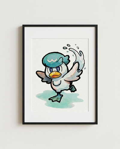 Quaxly Aqua Step watercolour Pokémon starter art print in a black frame with white mat