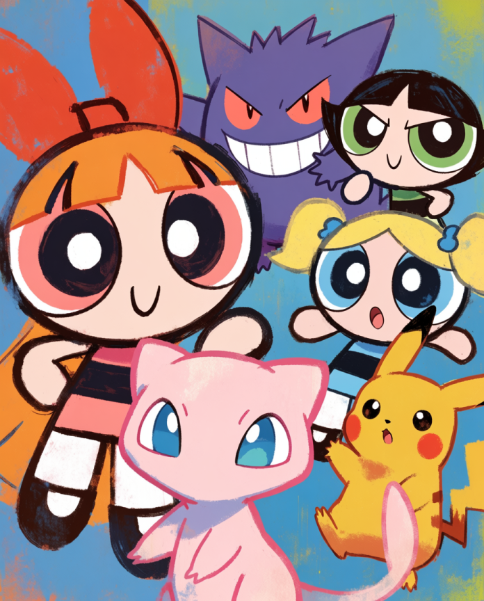 Powerpuff Girls with Mew, Pikachu and Gengar artwork