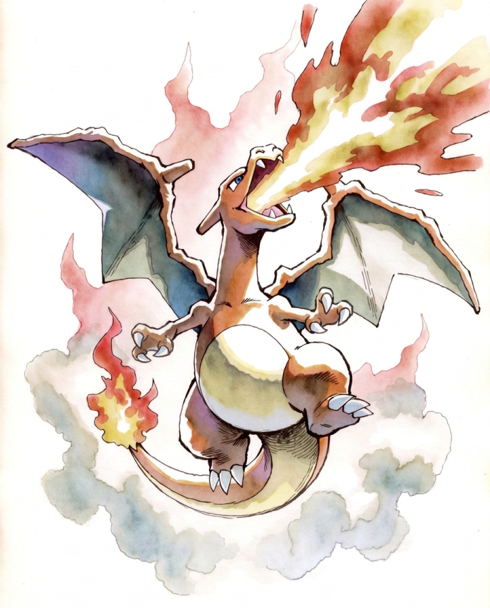 Vintage-style watercolour of Charizard breathing fire into the sky by Dammit.png
