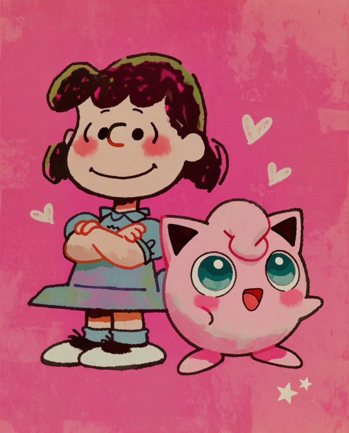 Lucy & Jigglypuff — The Doctor Is In illustration, Lucy with arms crossed next to Jigglypuff on pink