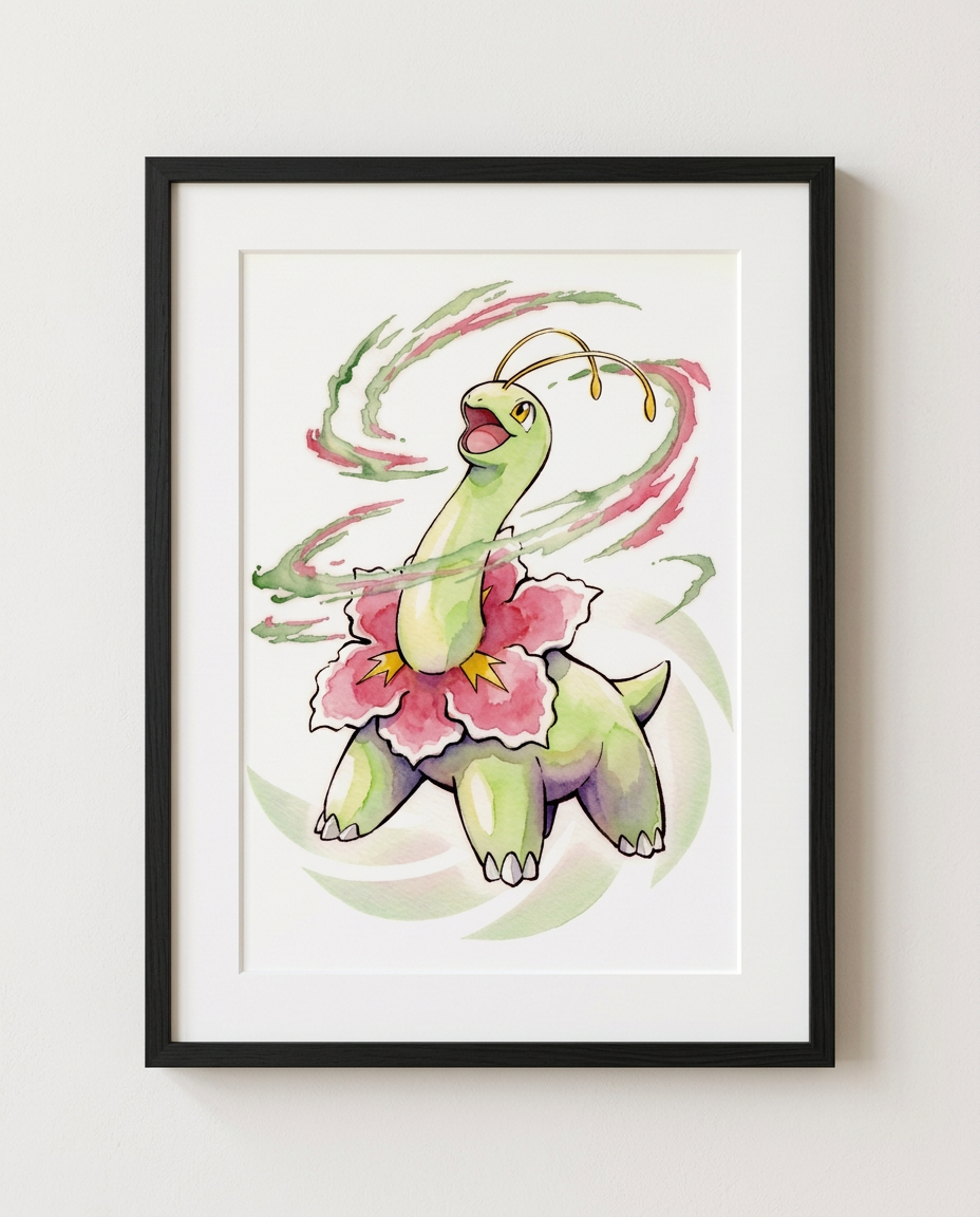 Meganium Petal Dance watercolour Pokémon art print in a black frame with white mat