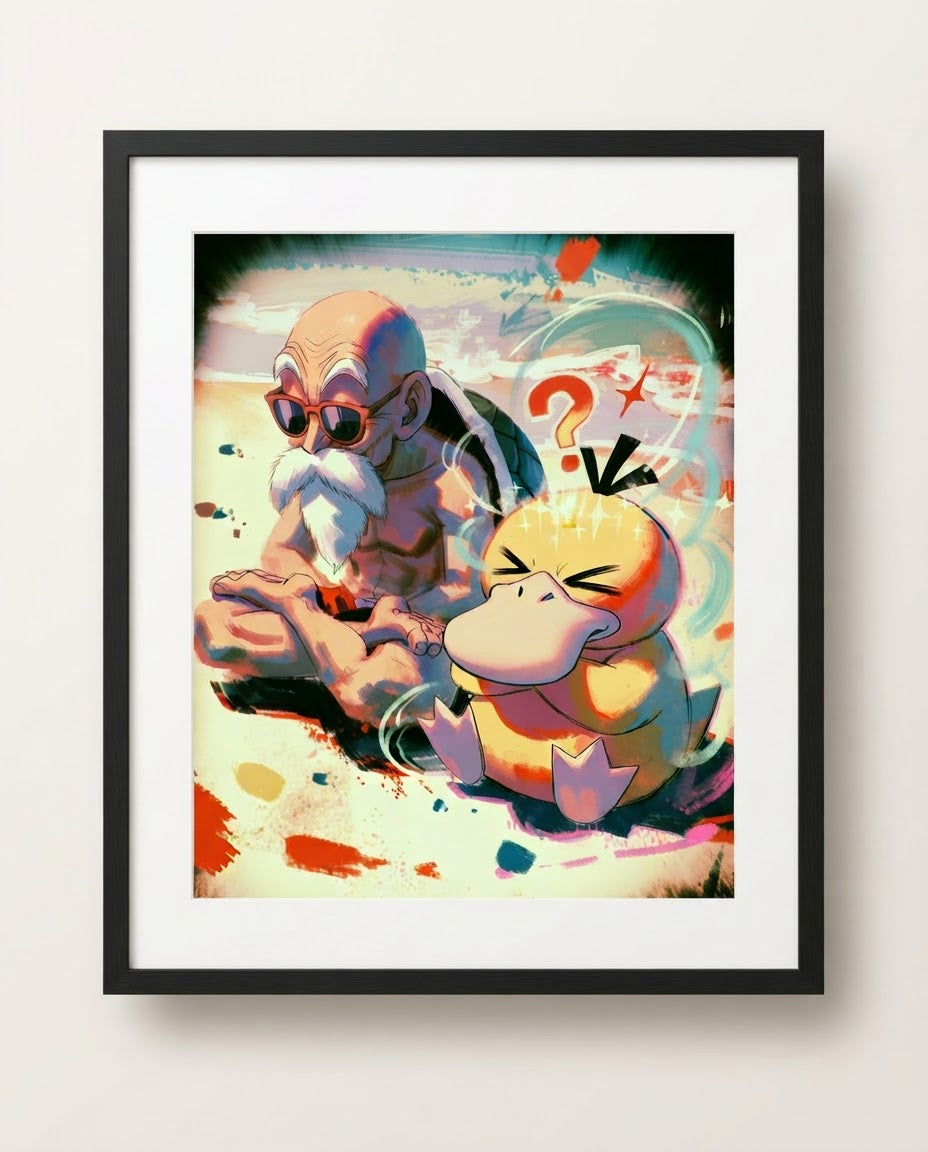 Roshi and Psyduck Deep Focus Dragon Ball Pokémon crossover art print by Dammit.png shown framed