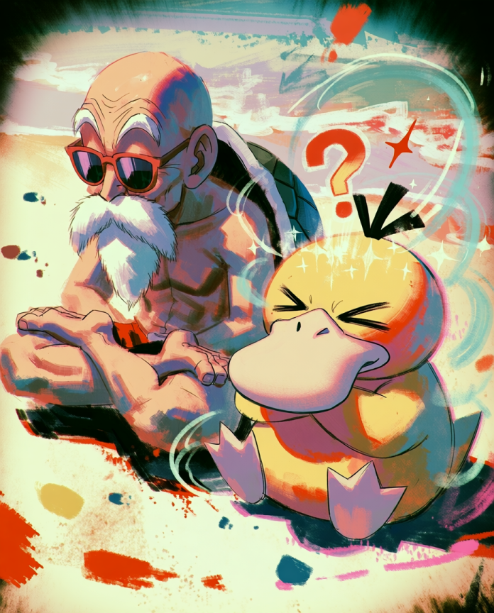 Original crossover artwork of Master Roshi meditating beside a concentrating Psyduck by Dammit.png