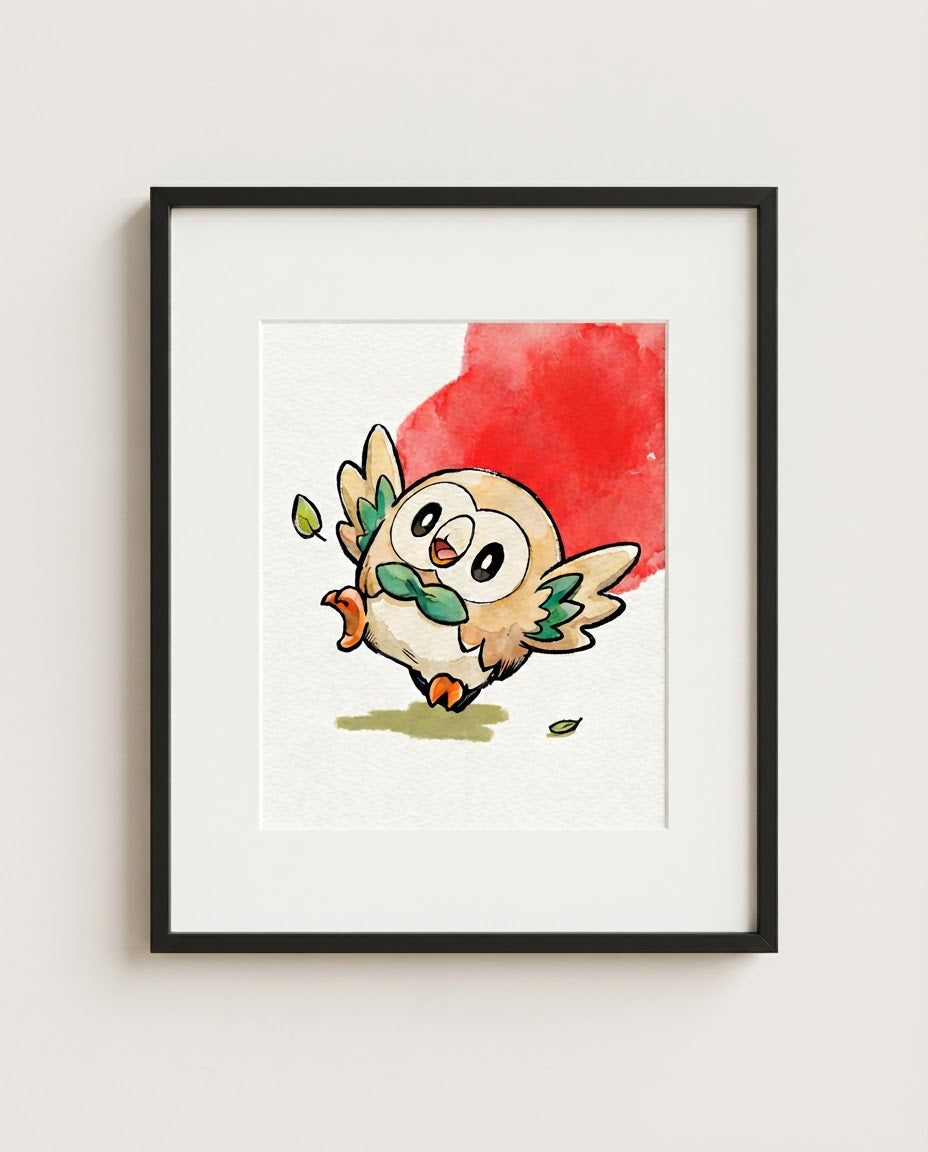 Rowlet — Leafage framed watercolour art print by Dammit.png