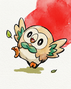 Watercolour Rowlet swooping through falling leaves in front of a red wash — Dammit.png fan art print