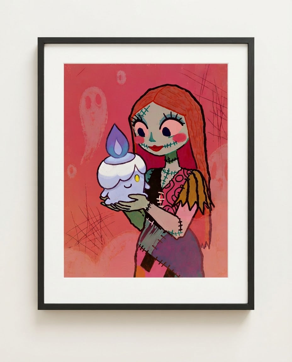 Sally & Litwick — Little Light Halloween Town crossover art print framed in a black frame with white mat