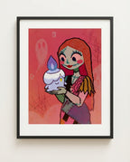 Sally & Litwick — Little Light Halloween Town crossover art print framed in a black frame with white mat