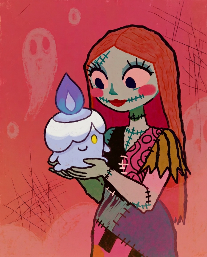Sally & Litwick — Little Light illustration, Sally holding a glowing Litwick on pink