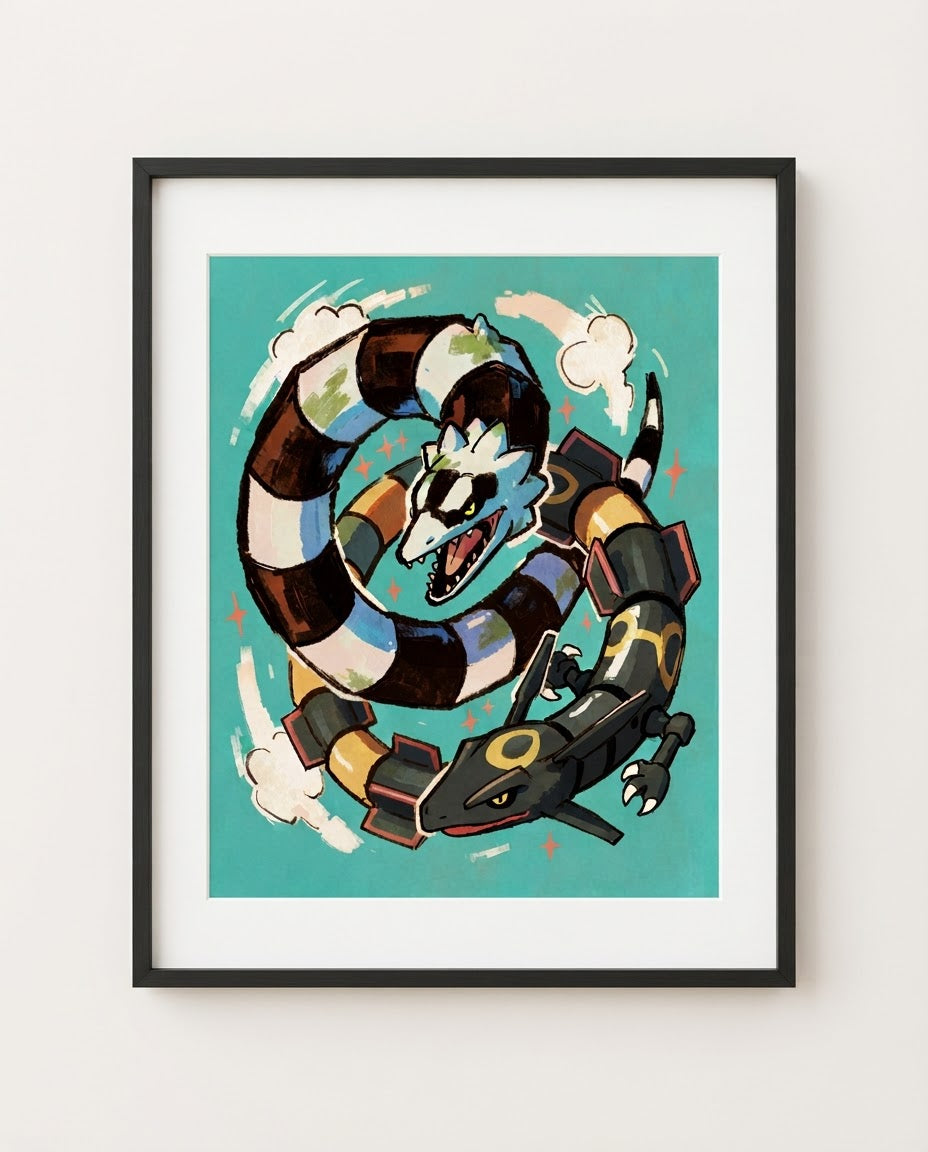 Sandworm & Rayquaza — Sky Serpents Beetlejuice crossover art print framed in a black frame with white mat