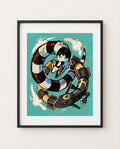 Sandworm & Rayquaza — Sky Serpents Beetlejuice crossover art print framed in a black frame with white mat