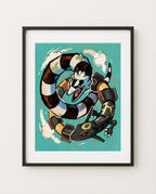 Sandworm & Rayquaza — Sky Serpents Beetlejuice crossover art print framed in a black frame with white mat