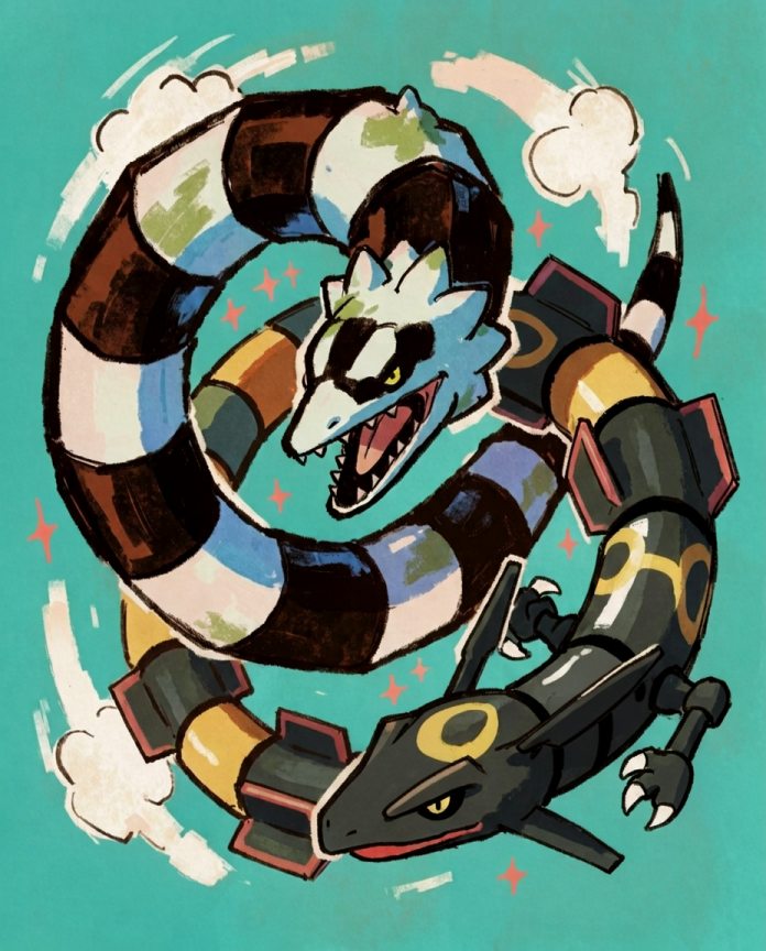 Sandworm & Rayquaza — Sky Serpents illustration, striped Sandworm and shiny black Rayquaza coiling on teal