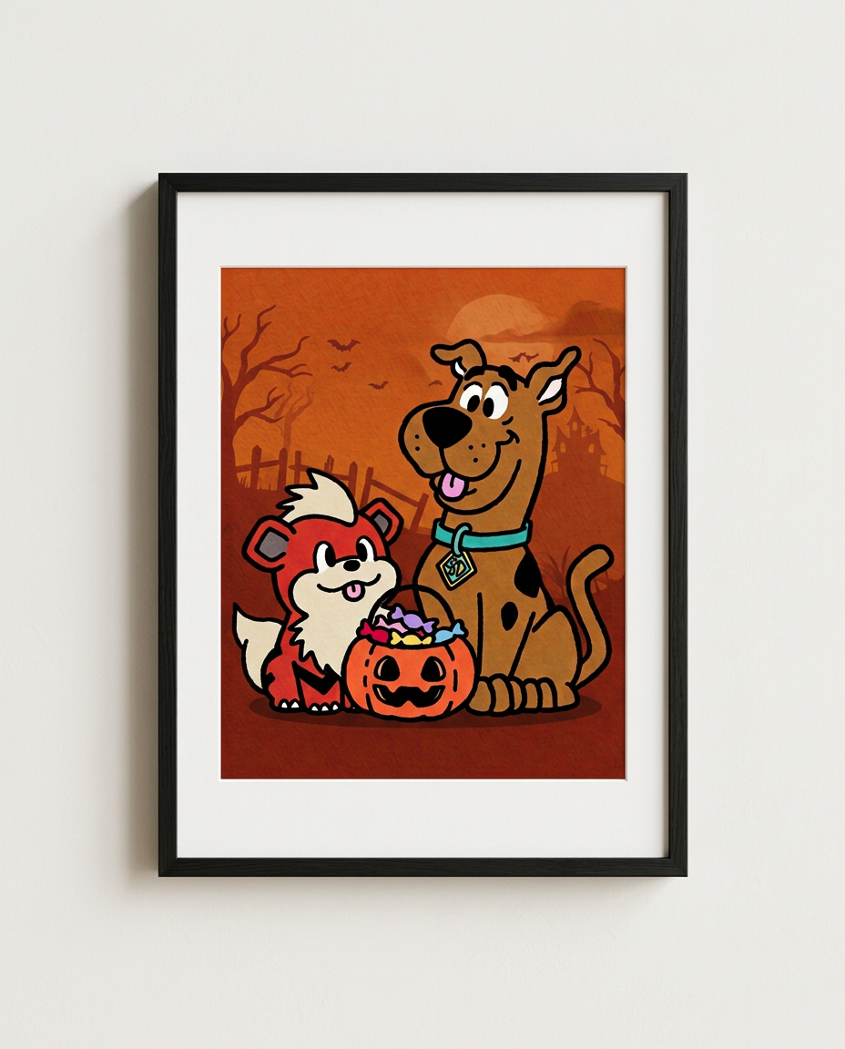 Scooby-Doo & Growlithe — Trick or Treat framed Scooby-Doo × Pokémon crossover art print by Dammit.png