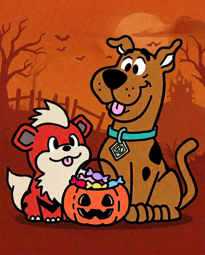 Scooby-Doo and Growlithe with a pumpkin candy bucket under a Halloween sky — Dammit.png fan art print