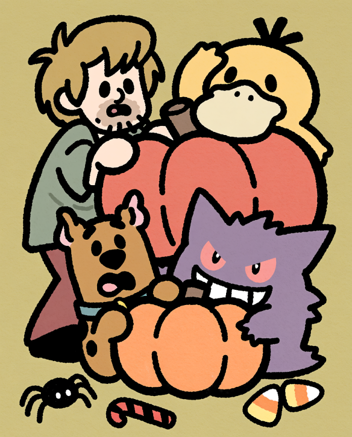 Shaggy and Scooby-Doo scared by Gengar in a pumpkin patch with Psyduck — Dammit.png fan art print