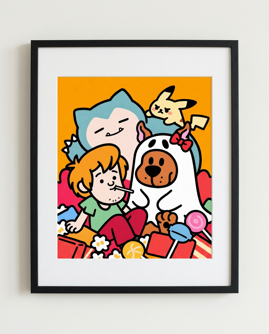 Shaggy, Scooby & Snorlax — Snack Attack framed Scooby-Doo × Pokémon crossover art print by Dammit.png
