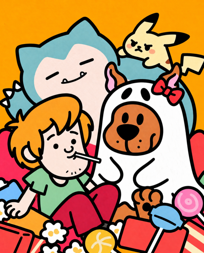 Shaggy, Scooby-Doo in a ghost costume, Snorlax and Pikachu surrounded by candy and popcorn — Dammit.png fan art print