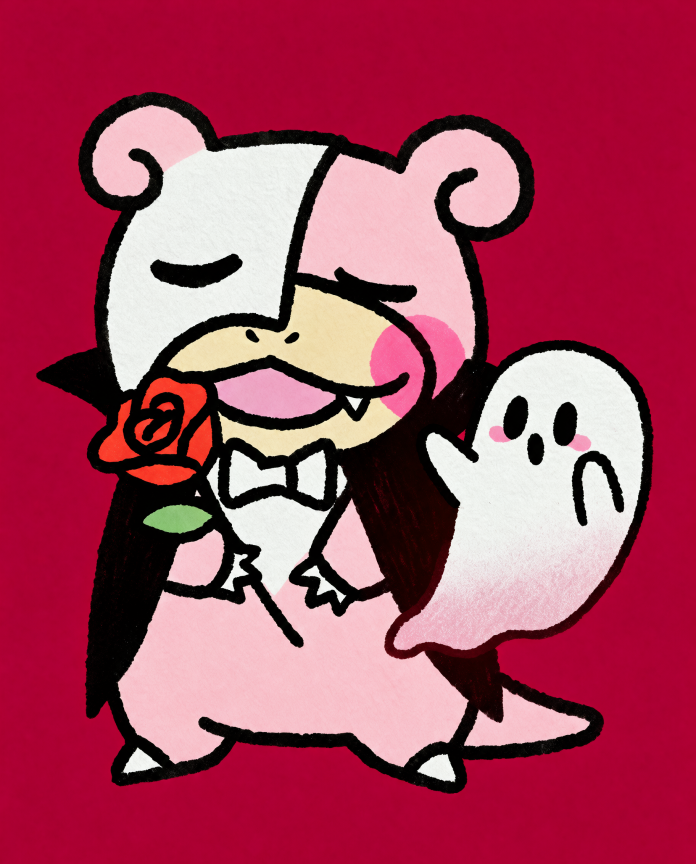 Slowpoke dressed as a vampire with a rose and a little ghost — Dammit.png fan art print
