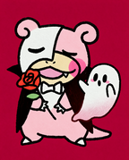 Slowpoke dressed as a vampire with a rose and a little ghost — Dammit.png fan art print