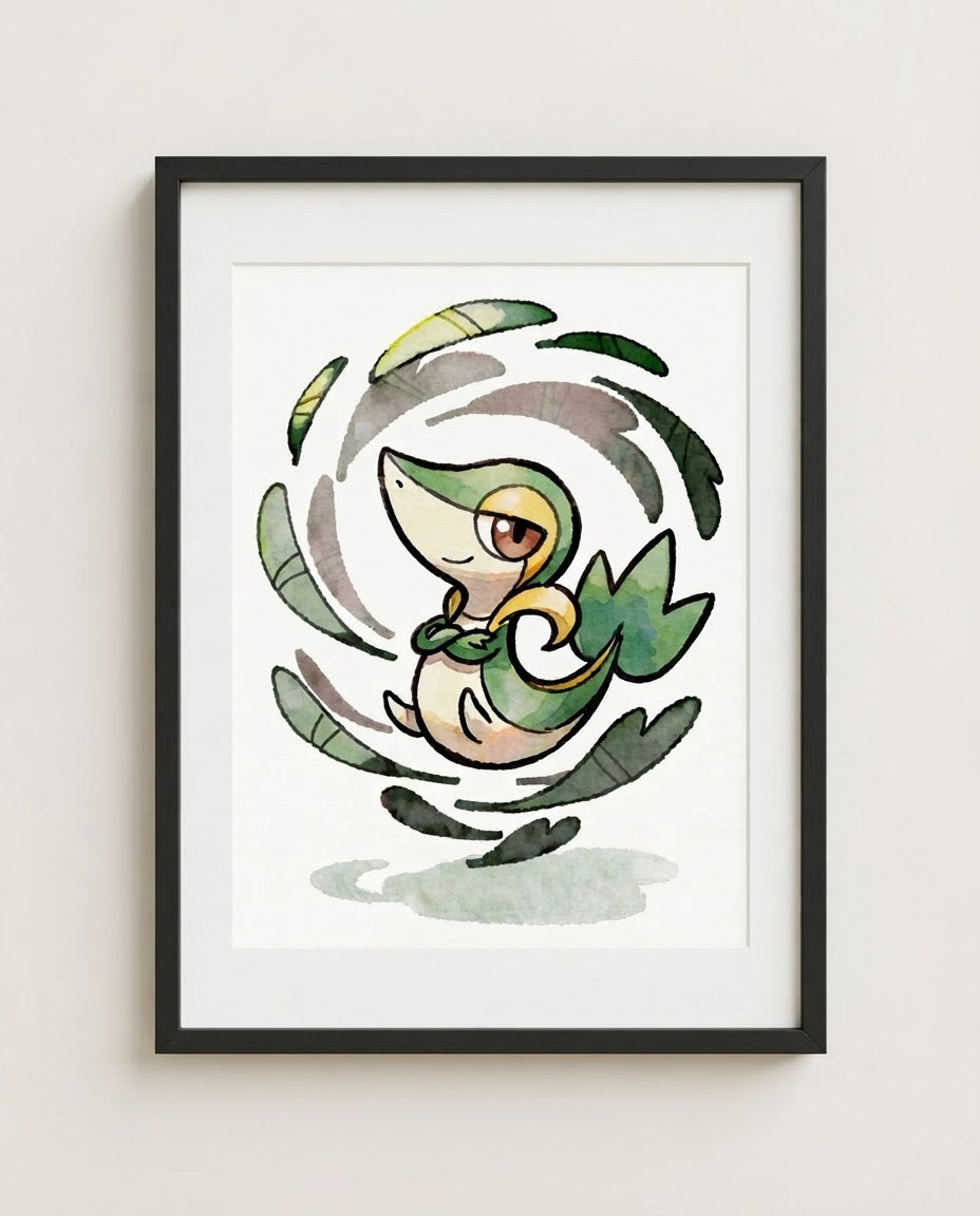 Snivy — Leaf Storm framed watercolour art print by Dammit.png