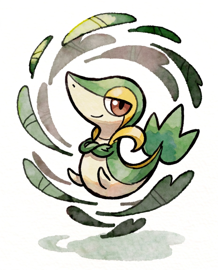 Watercolour Snivy with arms crossed inside a swirl of leaves — Dammit.png fan art print