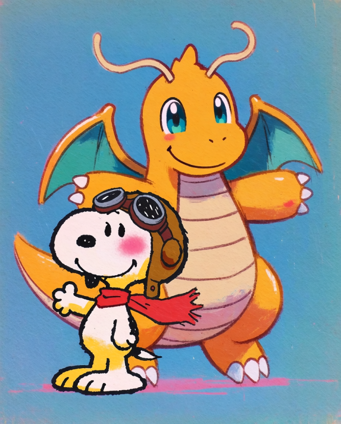 Snoopy & Dragonite — Flying Ace illustration, Snoopy in aviator goggles with Dragonite
