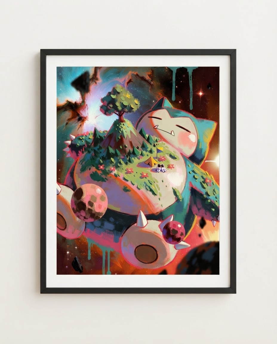 Snorlax — Base Camp — framed display mockup; print sold unframed