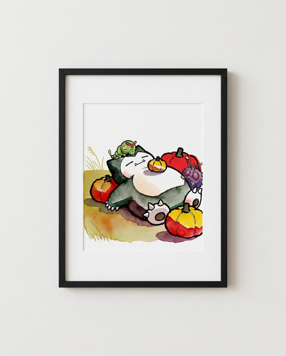 Snorlax Harvest Nap autumn watercolour Pokémon art print in a black frame with white mat