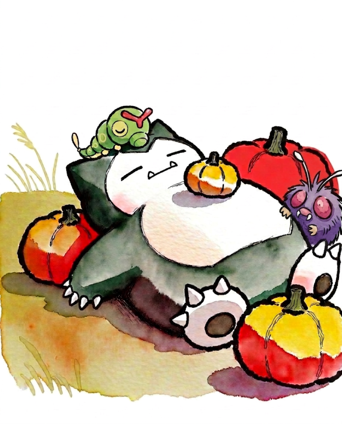 Watercolour illustration of Snorlax asleep among pumpkins with Caterpie and Venonat by Dammit.png