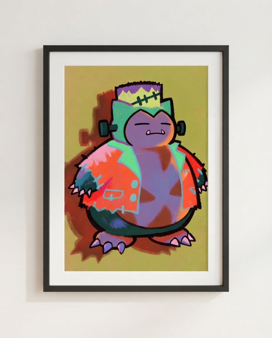 Snorlax — It's Alive Halloween art print framed in a black frame with white mat