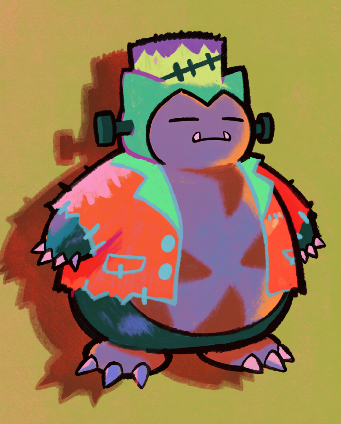 Snorlax — It's Alive illustration, Snorlax in a Frankenstein's monster costume with neck bolts and patchwork jacket
