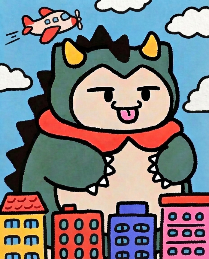 Snorlax in a green kaiju costume towering over colourful city buildings — Dammit.png fan art print