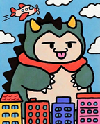Snorlax in a green kaiju costume towering over colourful city buildings — Dammit.png fan art print