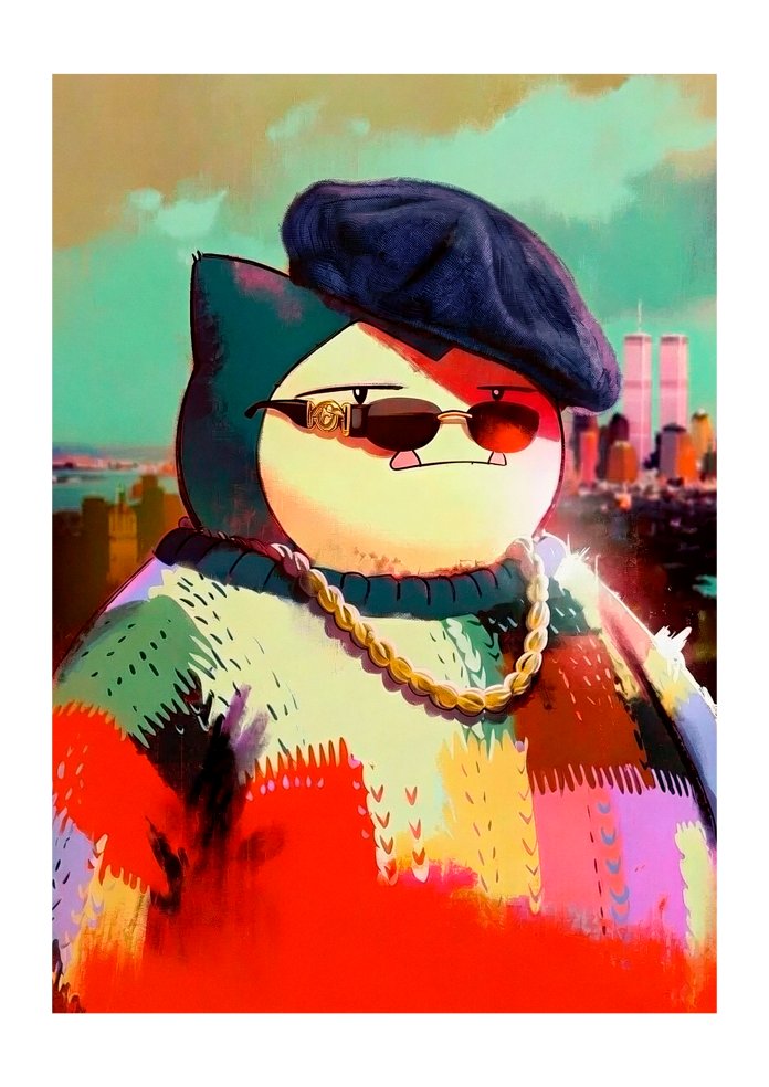 Original Snorlax artwork with beret, shades and gold rope chain over a city skyline by Dammit.png