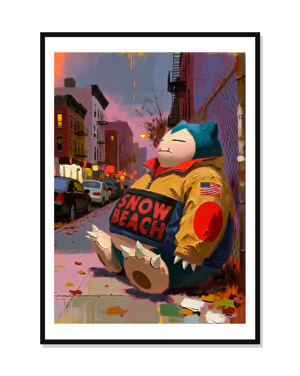 Snorlax Snow Beach limited edition streetwear Pokémon art print by Dammit.png shown framed
