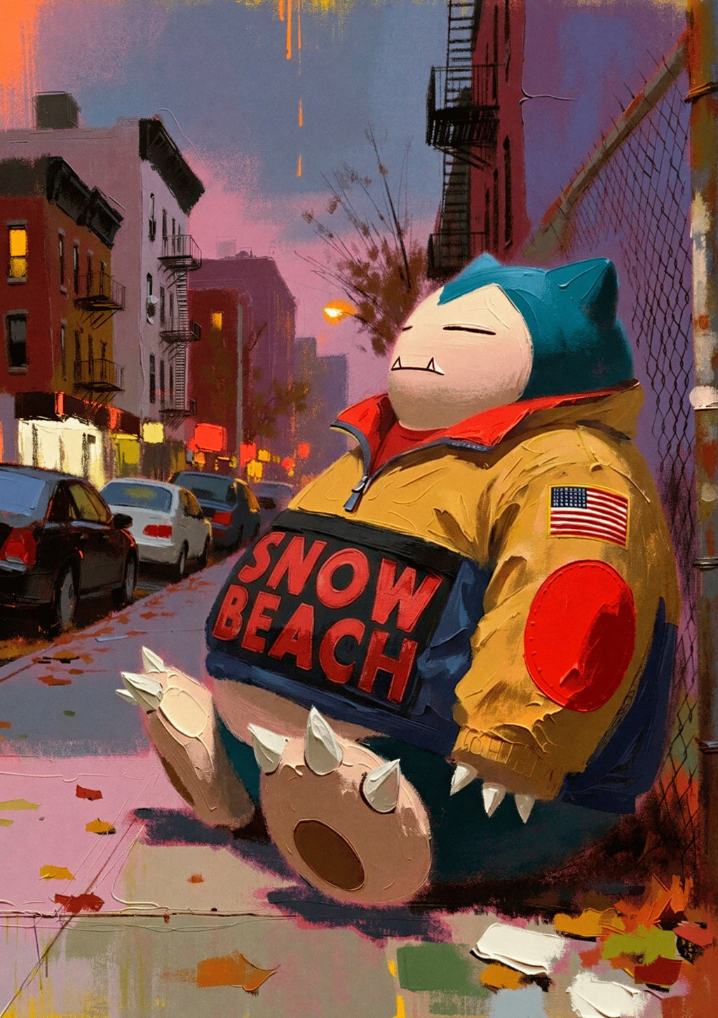 Original Snorlax artwork in a 90s streetwear jacket on cold city streets by Dammit.png
