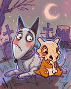 Sparky & Cubone — Best Friends Forever illustration, Sparky the stitched dog sitting with Cubone in a graveyard