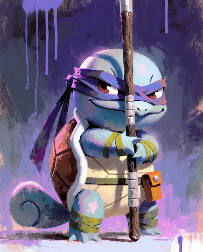 Original ninja Squirtle artwork with purple bandana and bo staff by Dammit.png
