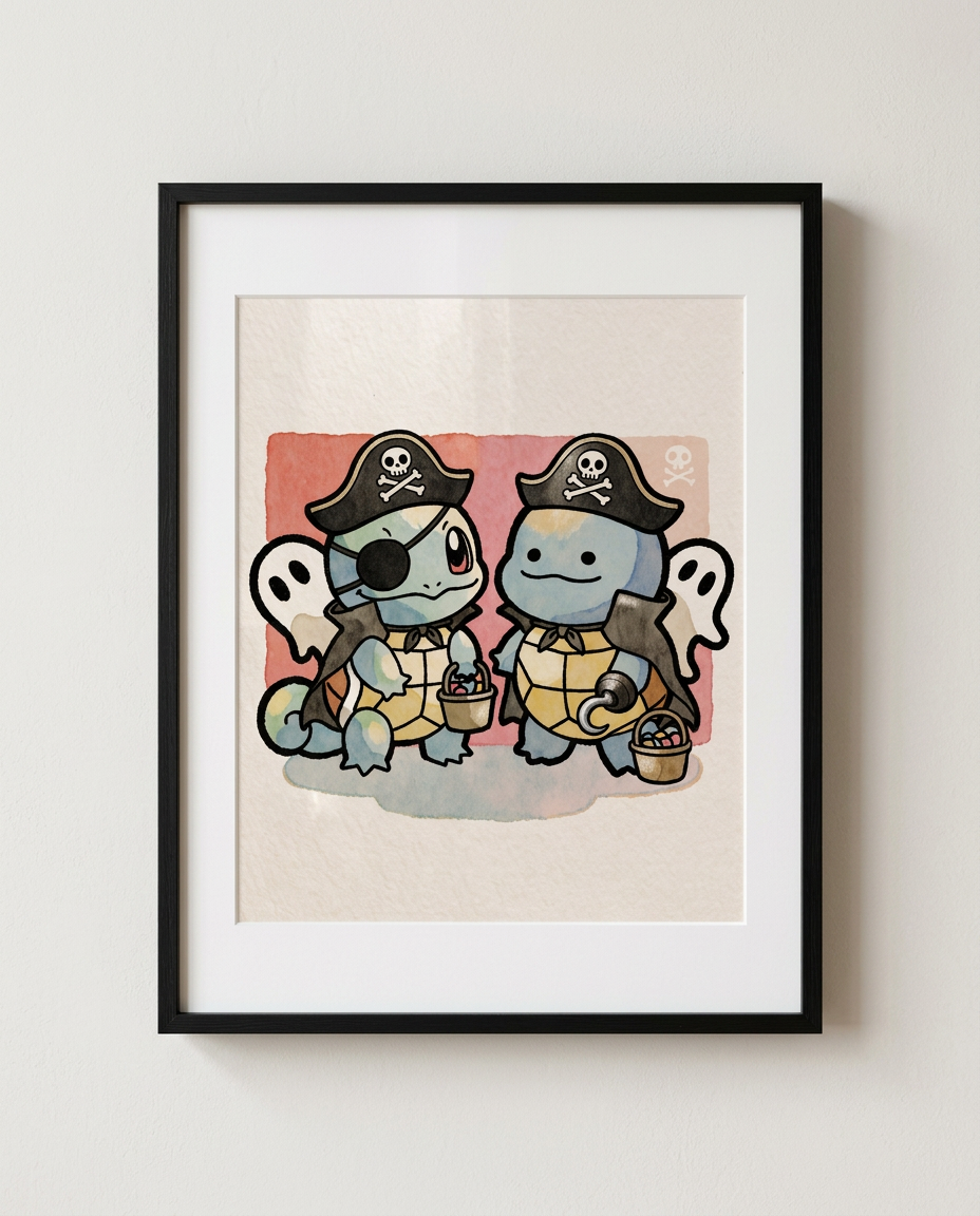 Squirtle and Ditto Pirate Crew Halloween watercolour Pokémon art print in a black frame with white mat