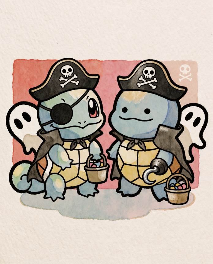Watercolour illustration of Squirtle and a Ditto Squirtle dressed as pirates trick-or-treating with ghosts by Dammit.png