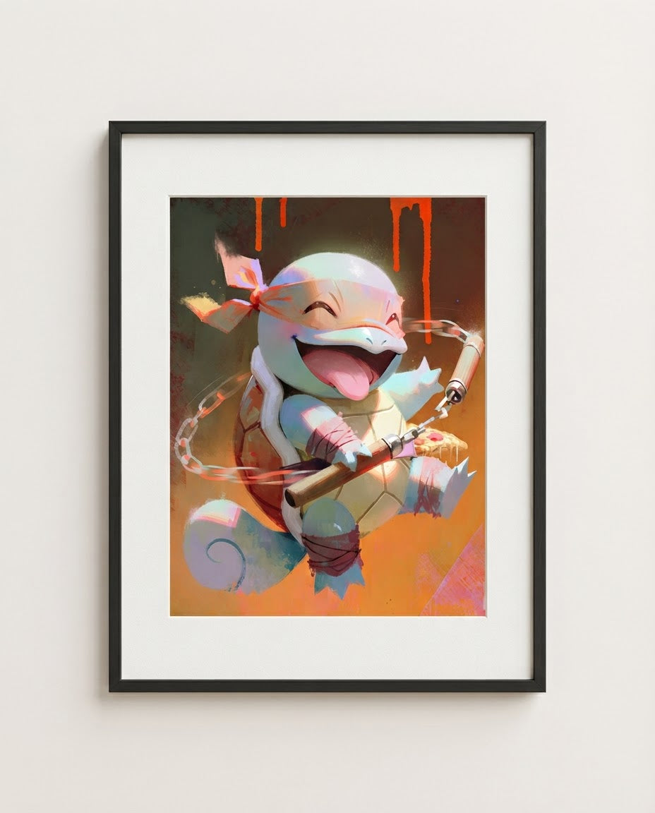 Squirtle Nunchucks ninja limited edition Pokémon art print by Dammit.png shown framed