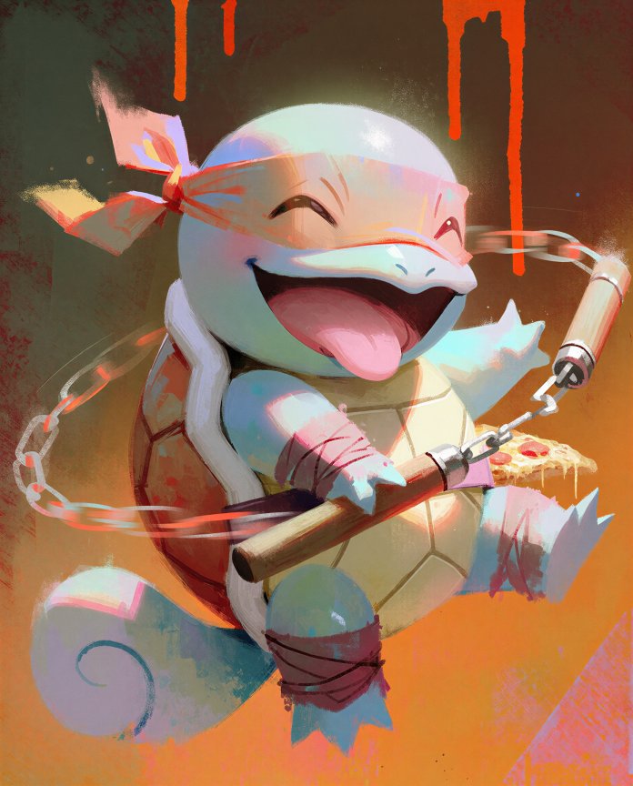 Original ninja Squirtle artwork with orange bandana spinning nunchucks by Dammit.png