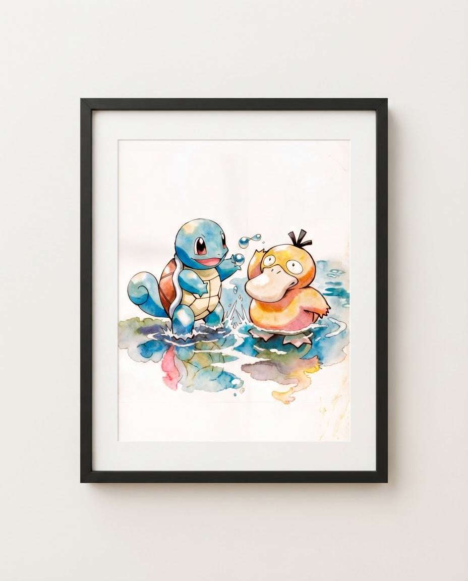Squirtle and Psyduck Water Fight watercolour Pokémon art print by Dammit.png shown framed