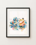 Squirtle and Psyduck Water Fight watercolour Pokémon art print by Dammit.png shown framed