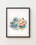 Squirtle and Psyduck Water Fight watercolour Pokémon art print by Dammit.png shown framed